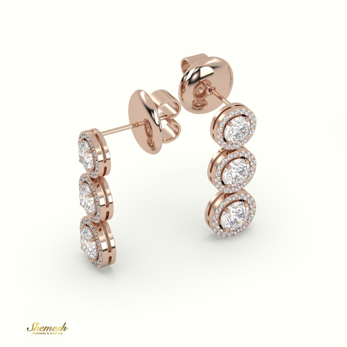18K Gold Round Diamond Halo Dangle Earrings - shemesh_diamonds