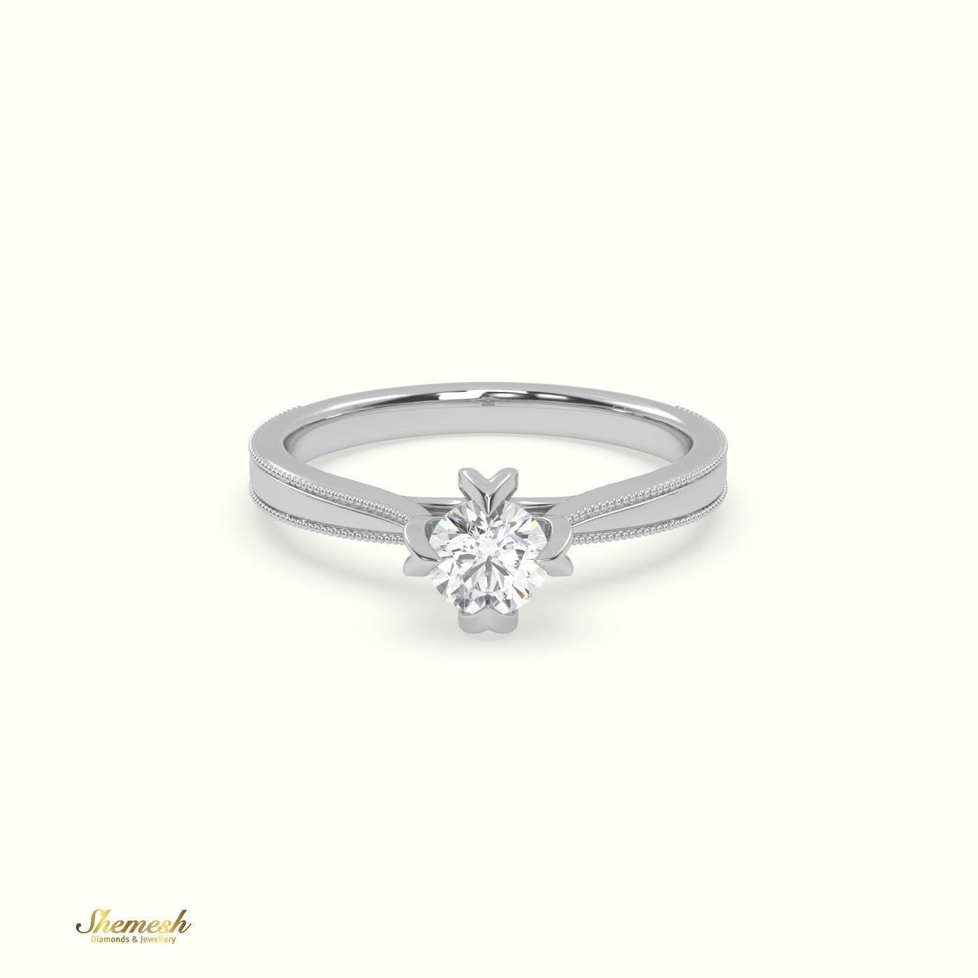 18K Gold 4 Prongs Round Diamond Solitaire EngagementRing with Vintage Milgrain Details - shemesh_diamonds