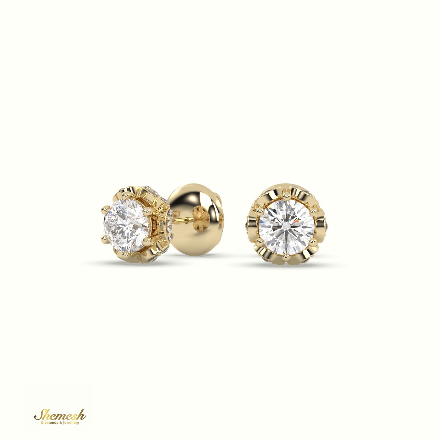 18K Gold 6 - Prong Round Diamond Stud Earrings with Floral Back - shemesh_diamonds