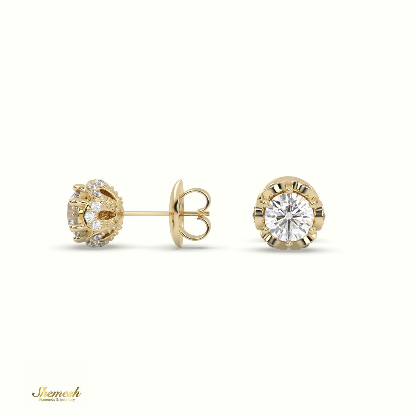 18K Gold 6 - Prong Round Diamond Stud Earrings with Floral Back - shemesh_diamonds