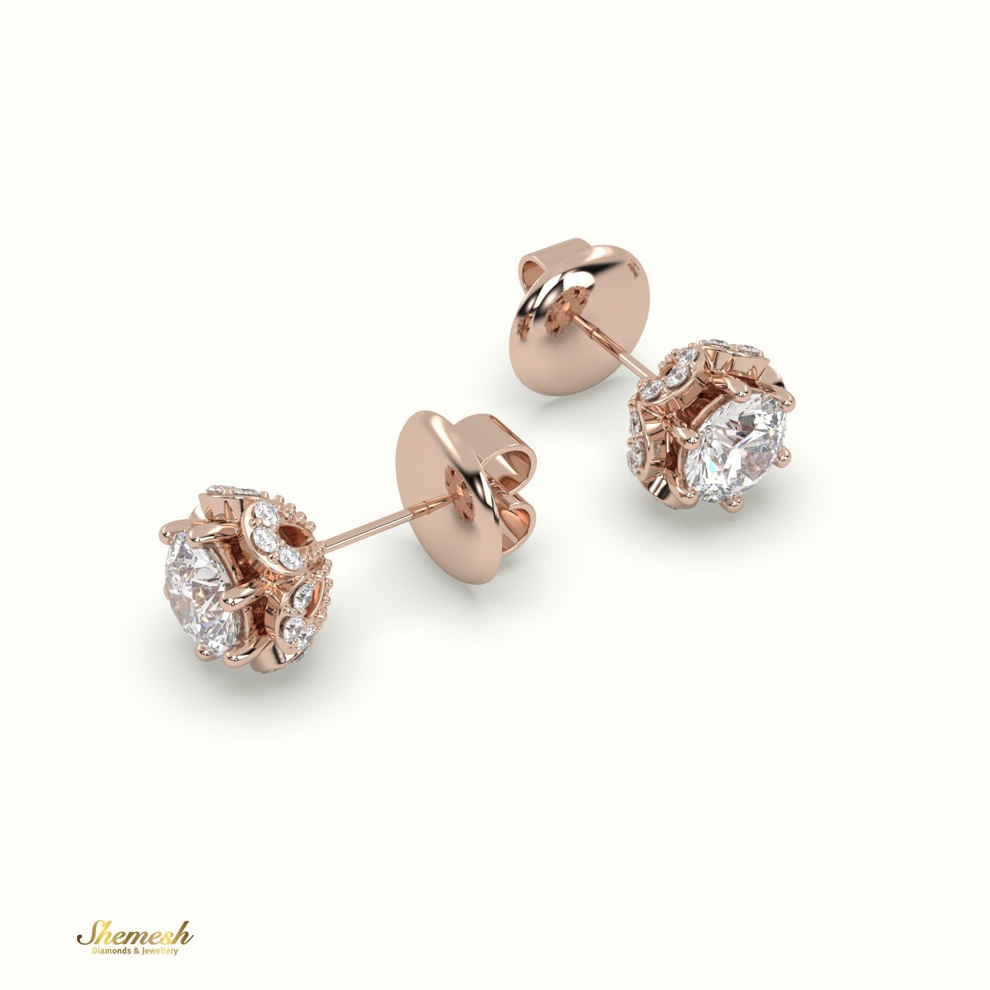 18K Gold 6 - Prong Round Diamond Stud Earrings with Floral Back - shemesh_diamonds