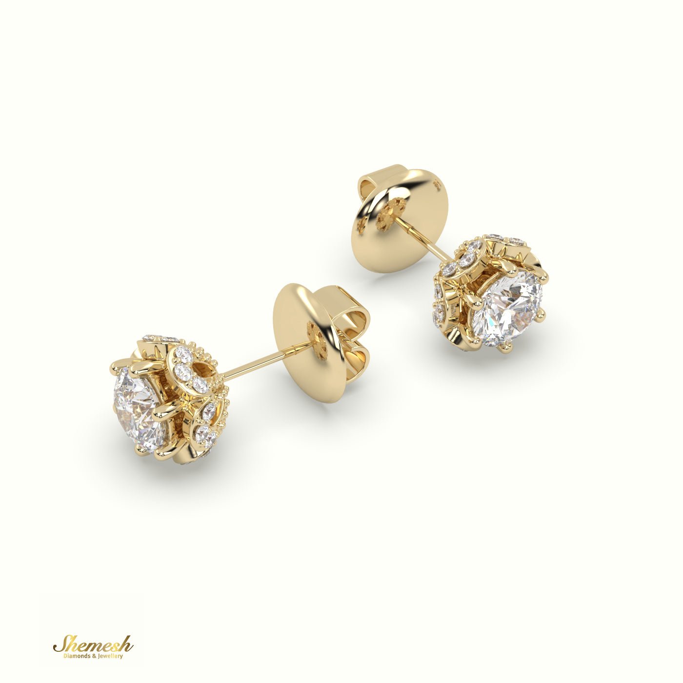 18K Gold 6 - Prong Round Diamond Stud Earrings with Floral Back - shemesh_diamonds