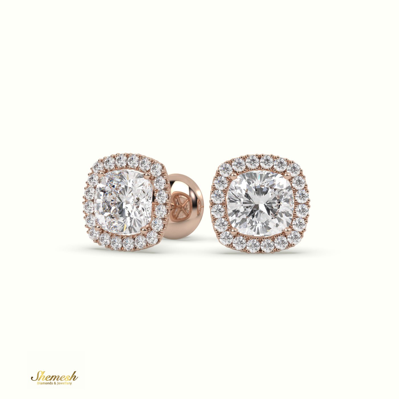 18K Gold 4 Prongs Cushion Diamond Halo Earrings - shemesh_diamonds