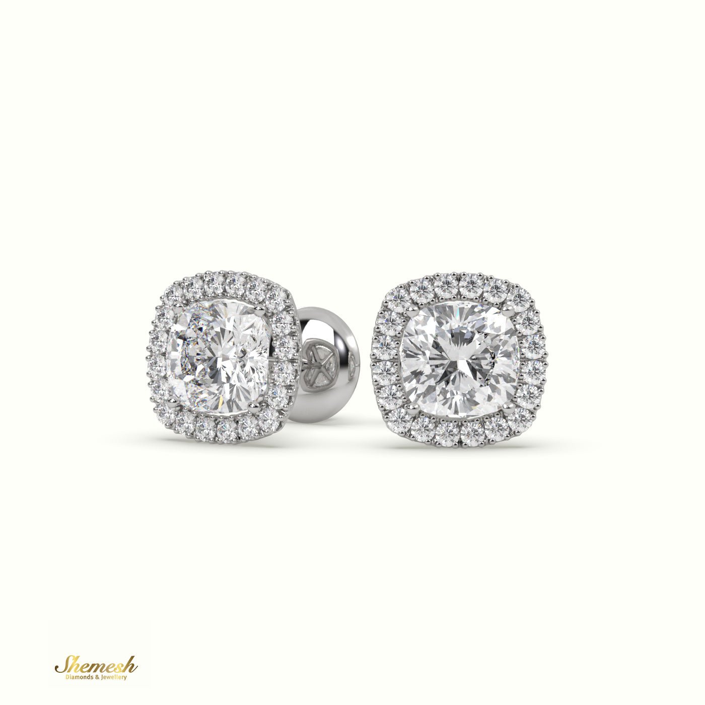 18K Gold 4 Prongs Cushion Diamond Halo Earrings - shemesh_diamonds