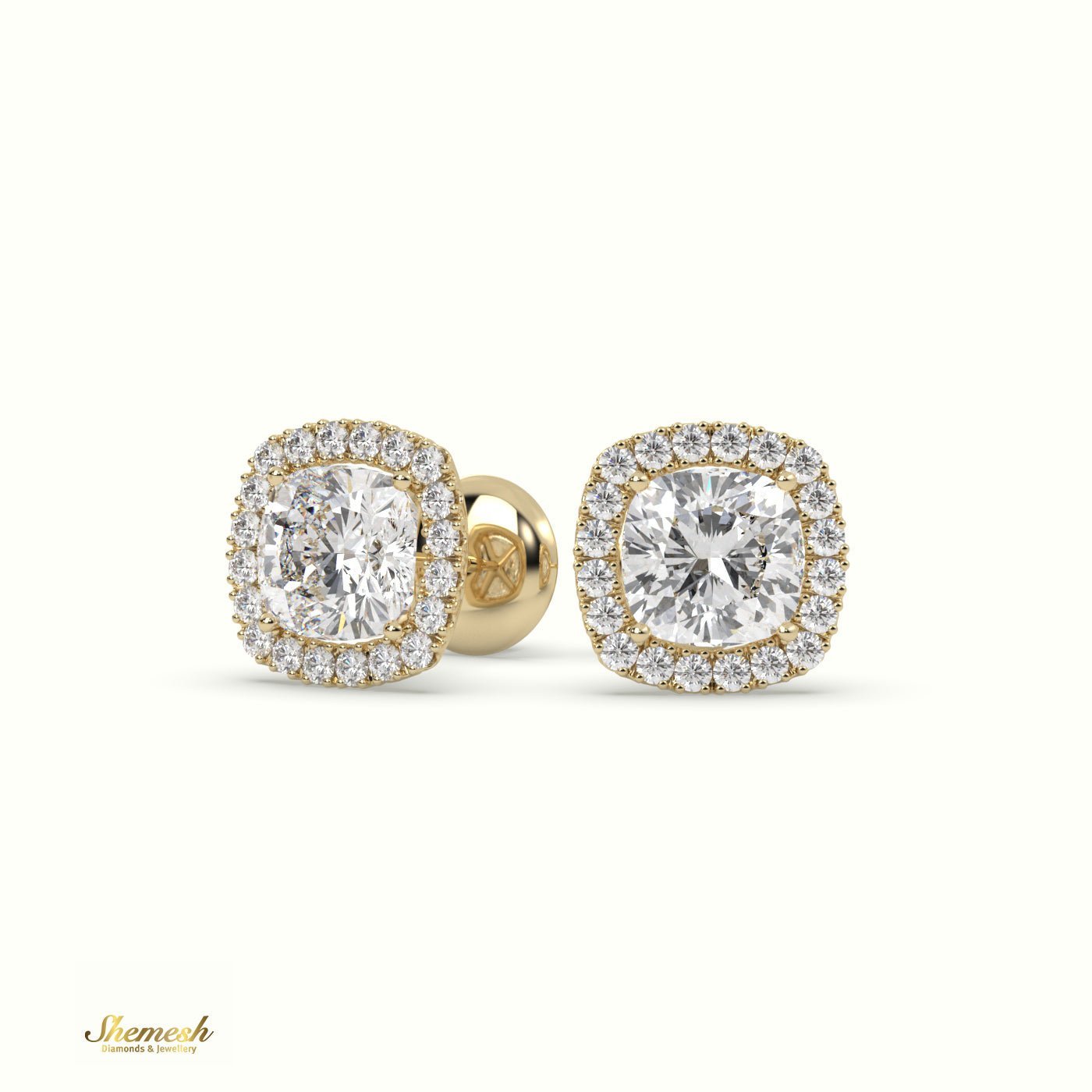 18K Gold 4 Prongs Cushion Diamond Halo Earrings - shemesh_diamonds