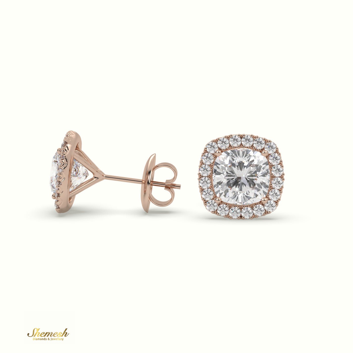 18K Gold 4 Prongs Cushion Diamond Halo Earrings - shemesh_diamonds