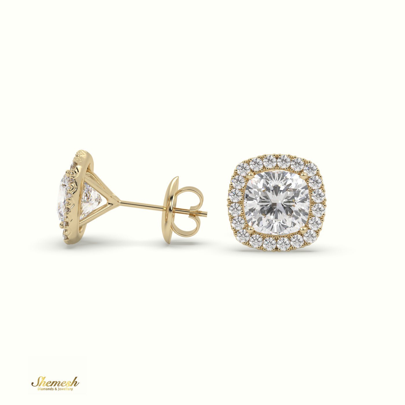 18K Gold 4 Prongs Cushion Diamond Halo Earrings - shemesh_diamonds