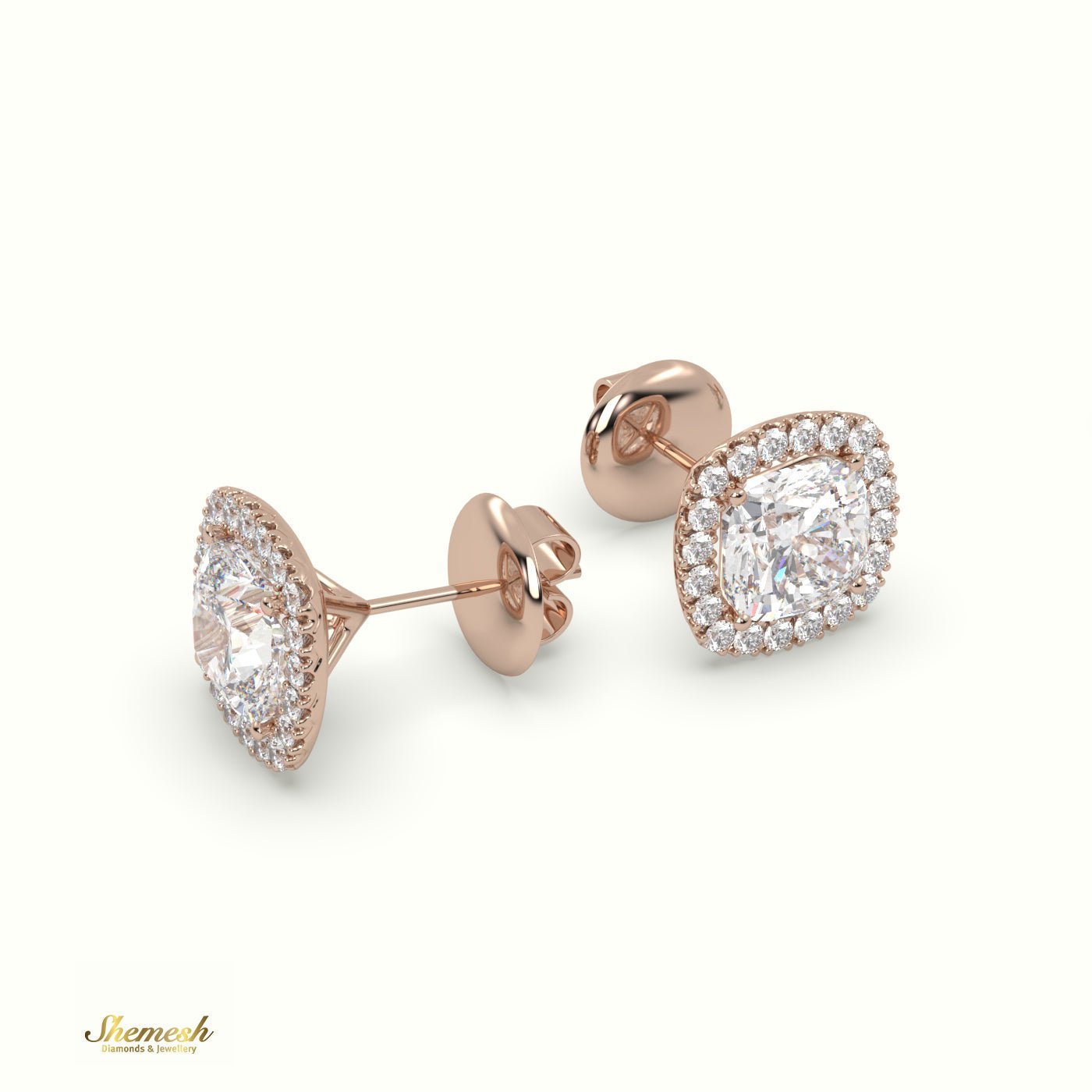 18K Gold 4 Prongs Cushion Diamond Halo Earrings - shemesh_diamonds