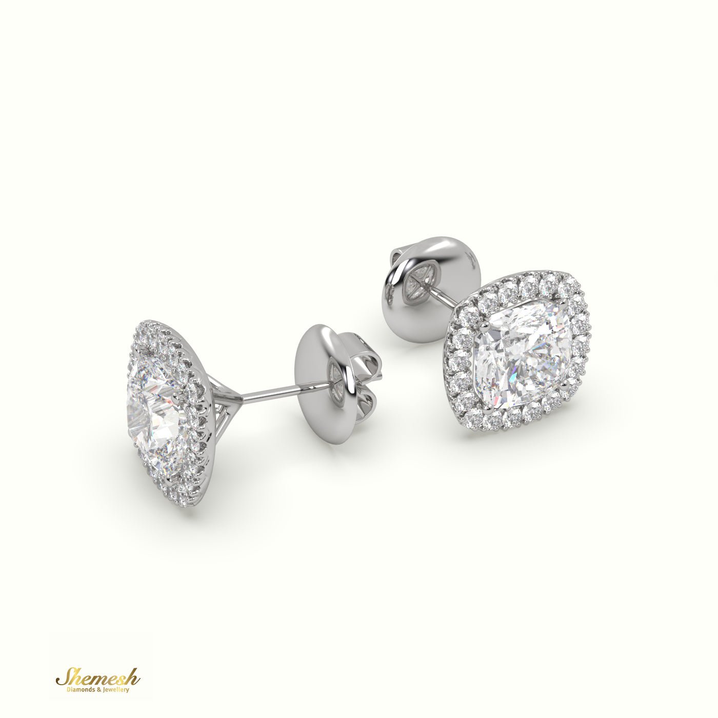 18K Gold 4 Prongs Cushion Diamond Halo Earrings - shemesh_diamonds