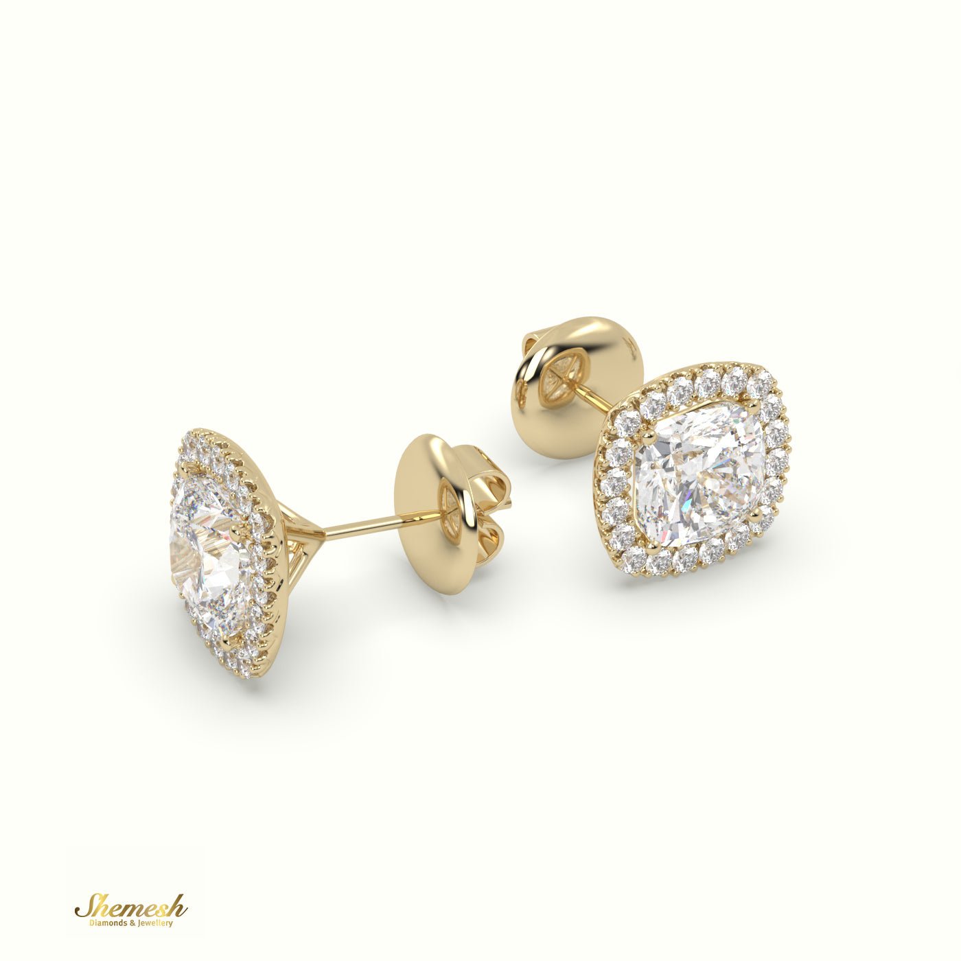 18K Gold 4 Prongs Cushion Diamond Halo Earrings - shemesh_diamonds