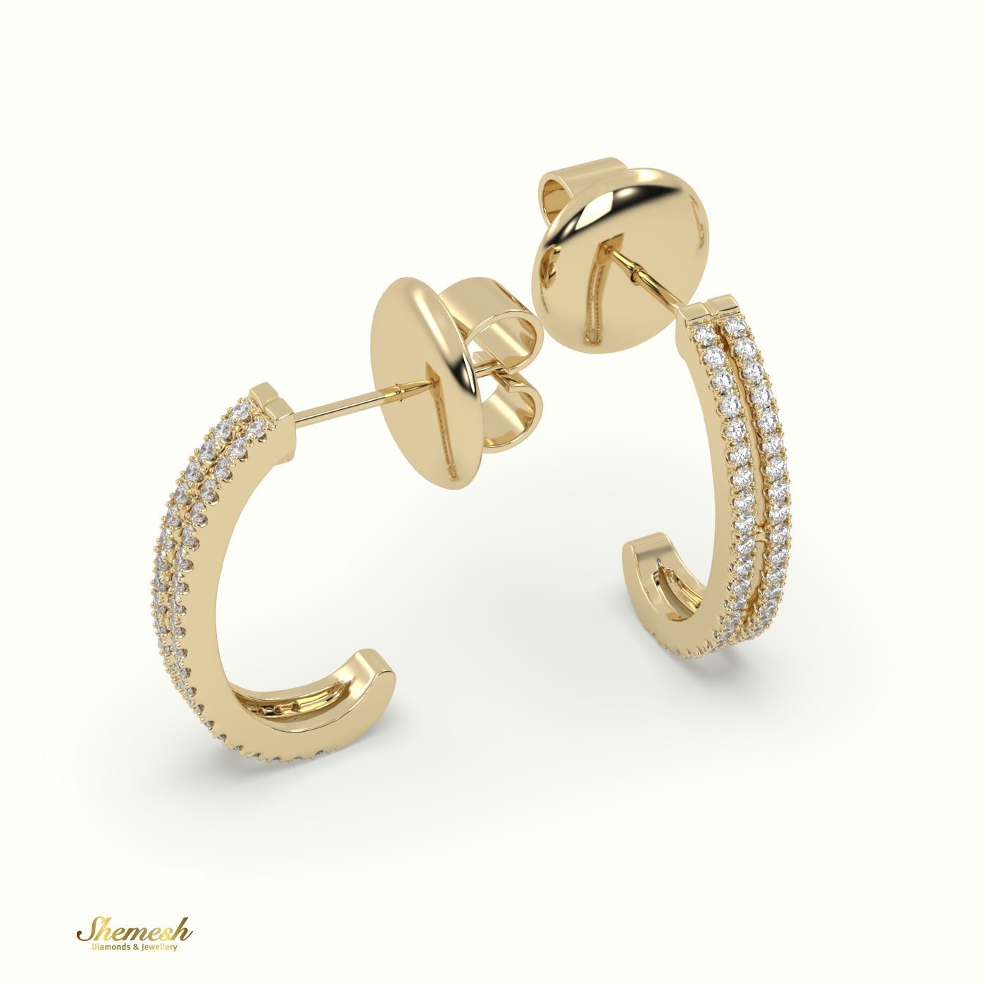 18K Gold Round Diamond Double Row Half Hoop Earring - shemesh_diamonds