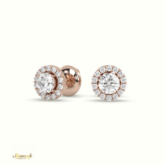 18K Gold Round Diamond Halo Stud Earrings with Butterfly Back