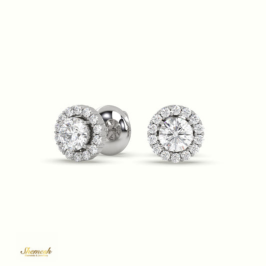 18K Gold Round Diamond Halo Stud Earrings with Butterfly Back