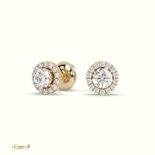 18K Gold Round Diamond Halo Stud Earrings with Butterfly Back - shemesh diamonds