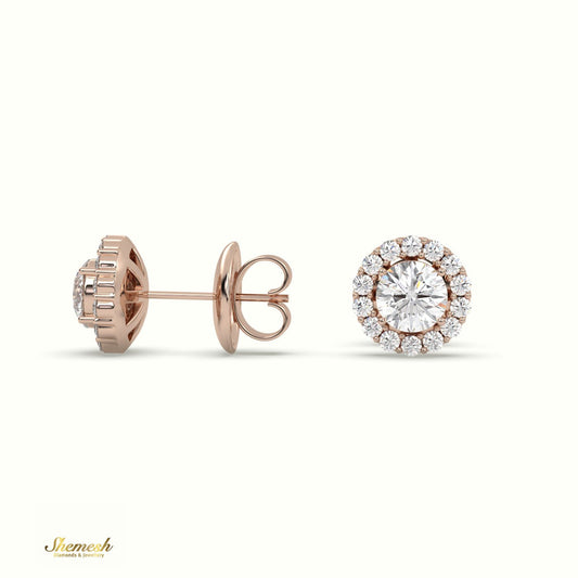 18K Gold Round Diamond Halo Stud Earrings with Butterfly Back - shemesh diamonds