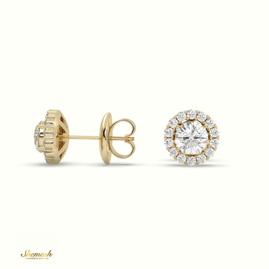 18K Gold Round Diamond Halo Stud Earrings with Butterfly Back - shemesh diamonds