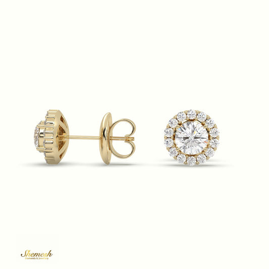 18K Gold Round Diamond Halo Stud Earrings with Butterfly Back - shemesh_diamonds