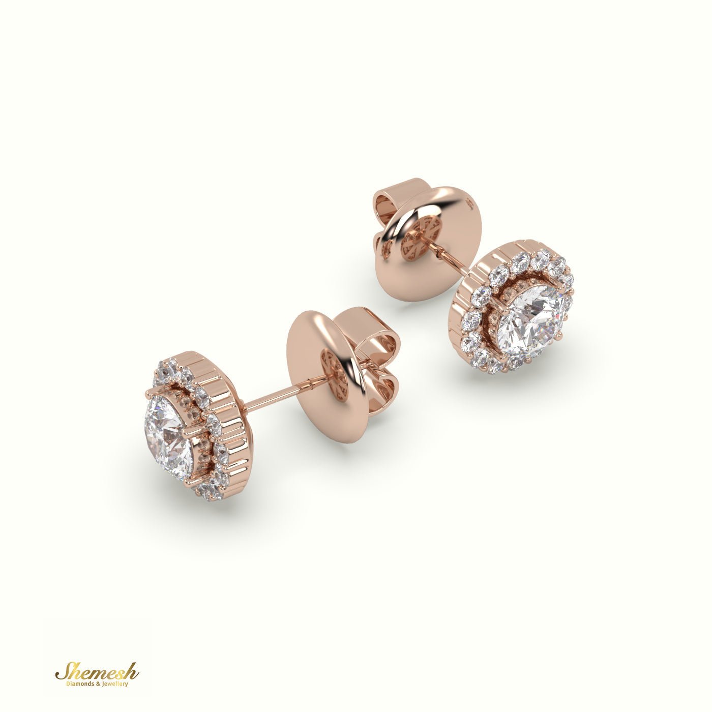 18K Gold Round Diamond Halo Stud Earrings with Butterfly Back - shemesh_diamonds