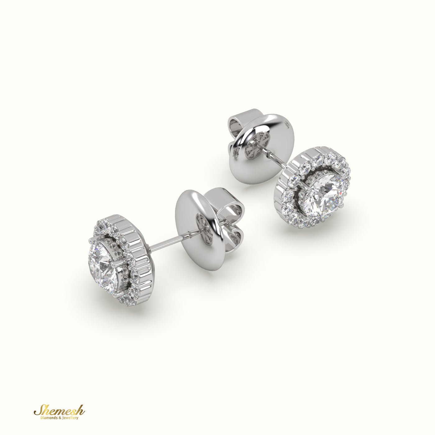 18K Gold Round Diamond Halo Stud Earrings with Butterfly Back - shemesh_diamonds