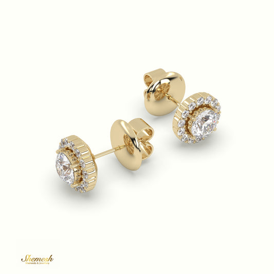 18K Gold Round Diamond Halo Stud Earrings with Butterfly Back