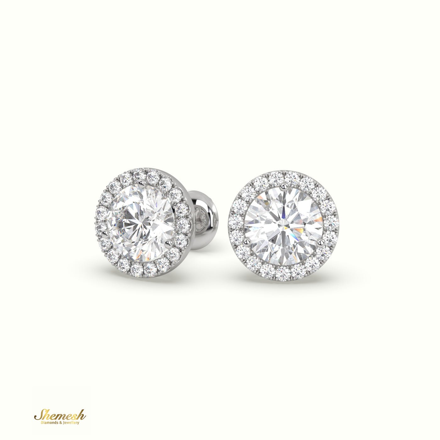 18K Gold 3 Prong Round Halo Style Diamond Stud Earring - shemesh_diamonds