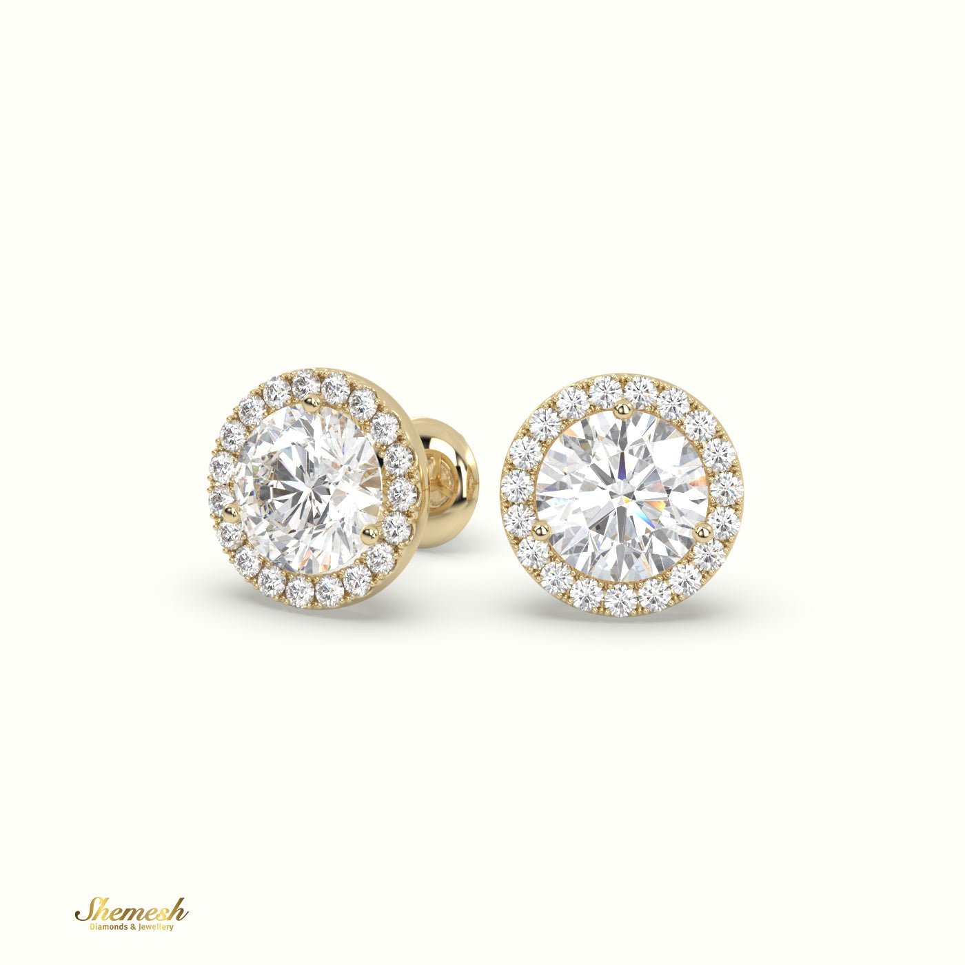 18K Gold 3 Prong Round Halo Style Diamond Stud Earring - shemesh_diamonds