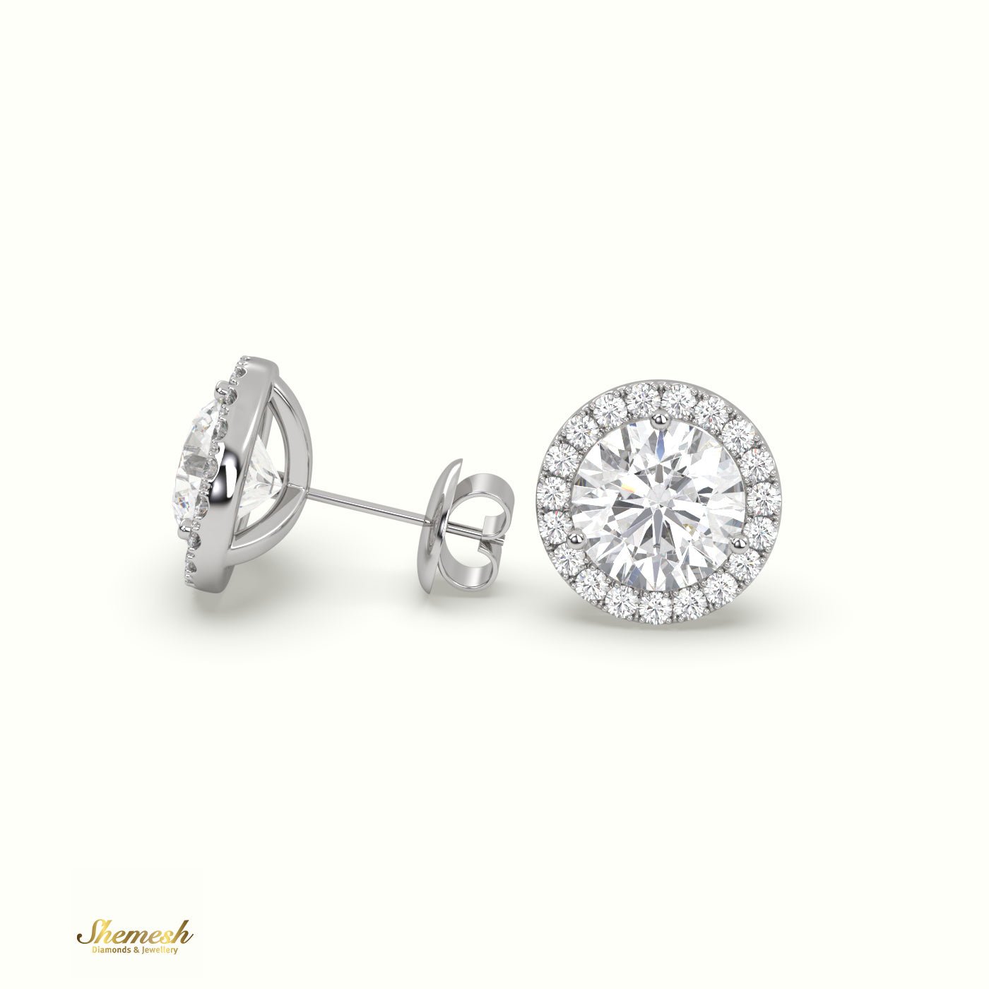 18K Gold 3 Prong Round Halo Style Diamond Stud Earring - shemesh_diamonds