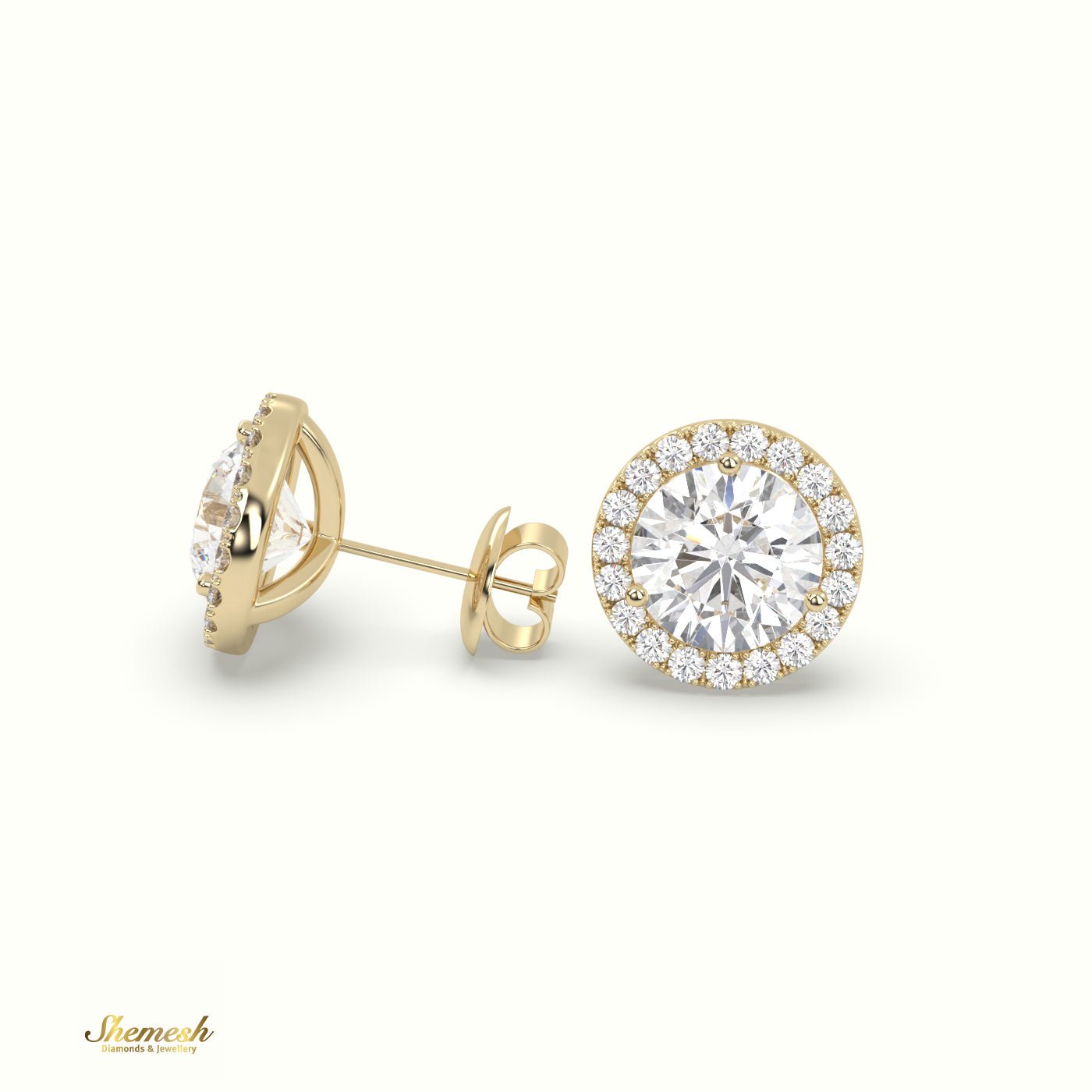 18K Gold 3 Prong Round Halo Style Diamond Stud Earring - shemesh_diamonds