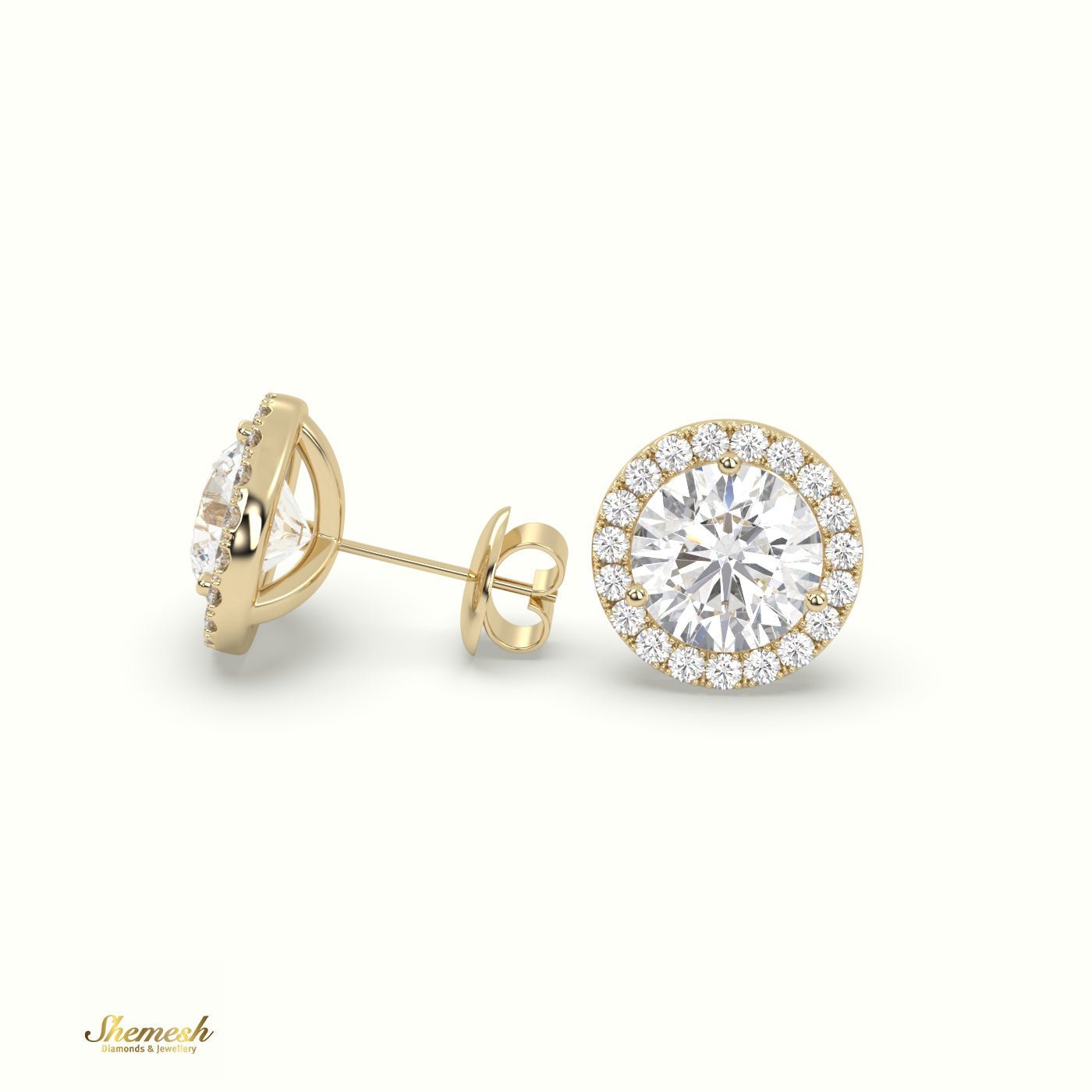 18K Gold 3 Prong Round Halo Style Diamond Stud Earring - shemesh_diamonds