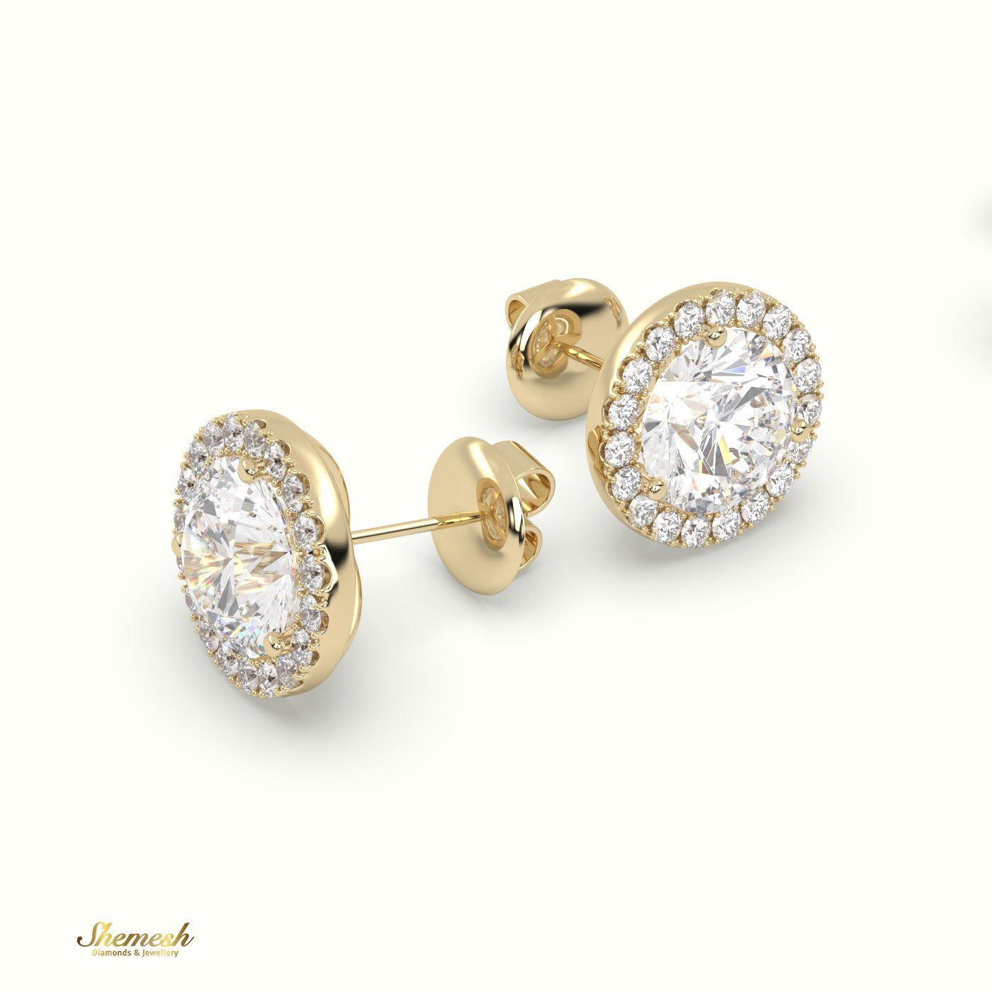 18K Gold 3 Prong Round Halo Style Diamond Stud Earring - shemesh_diamonds