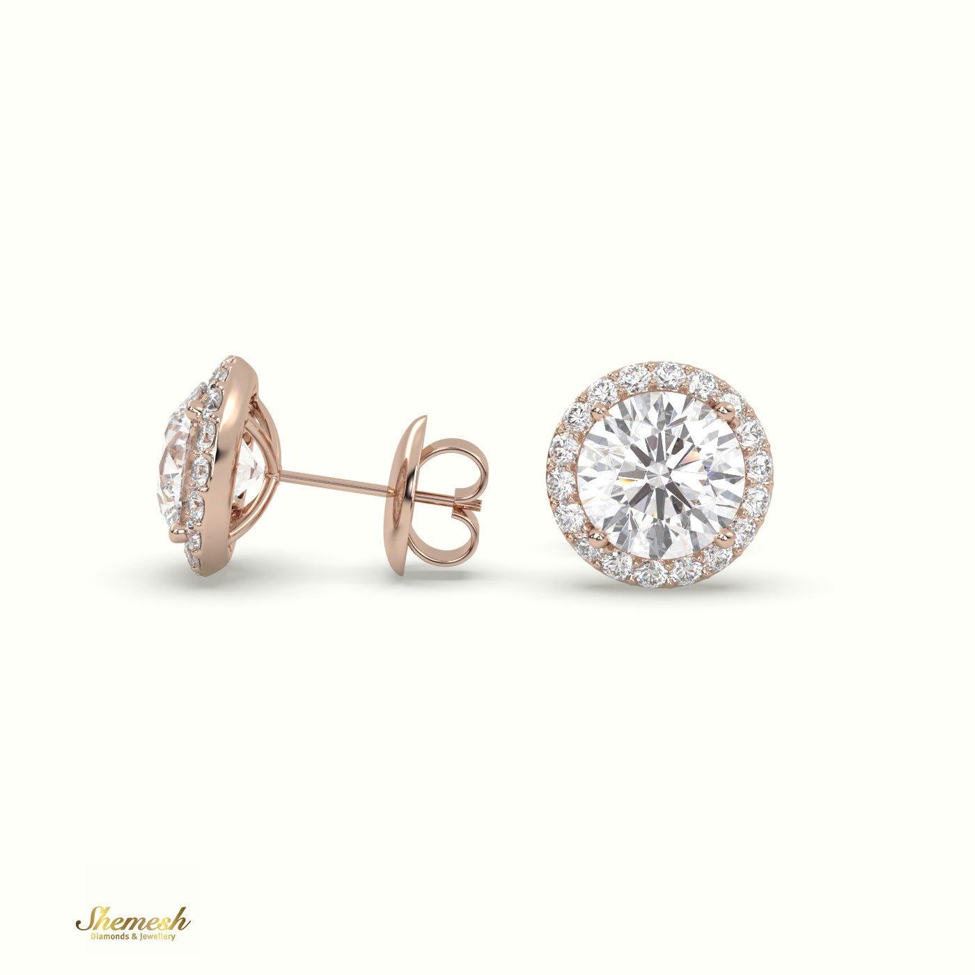 18K Gold 4 Prongs Round Brilliant Cut Halo Diamond Stud Earrings - shemesh_diamonds