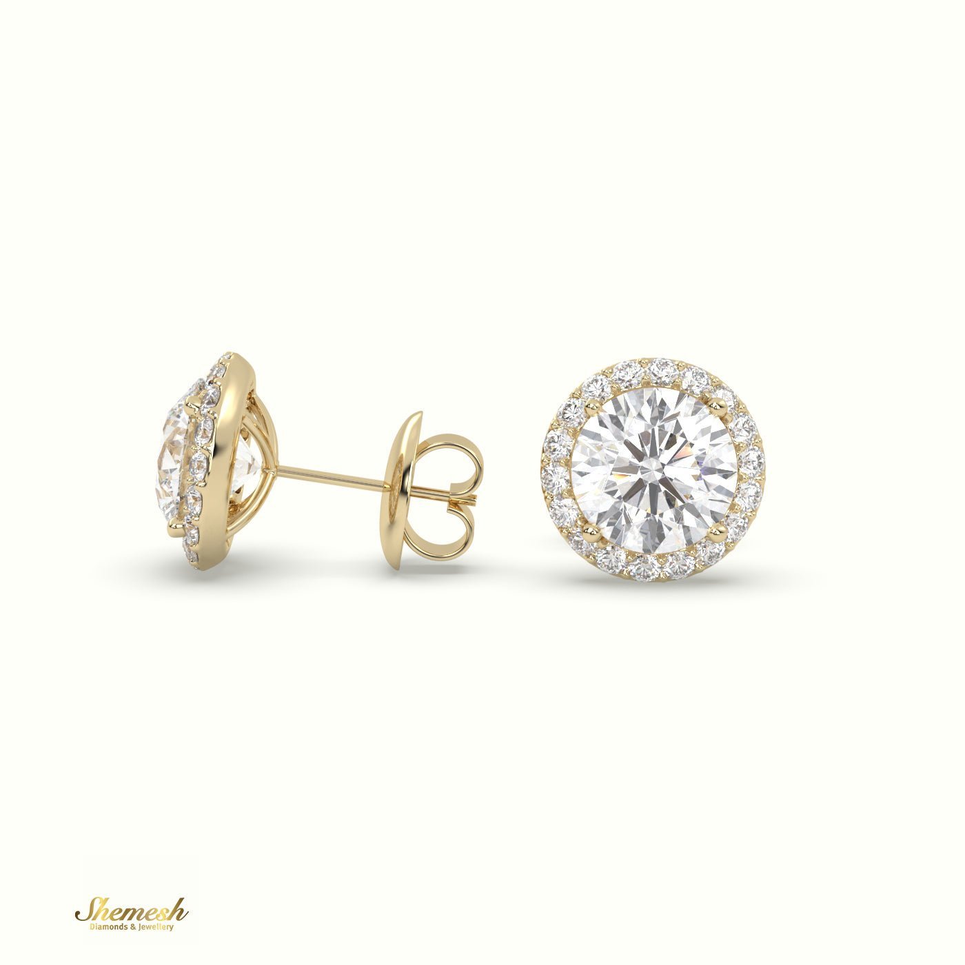 18K Gold 4 Prongs Round Brilliant Cut Halo Diamond Stud Earrings - shemesh_diamonds