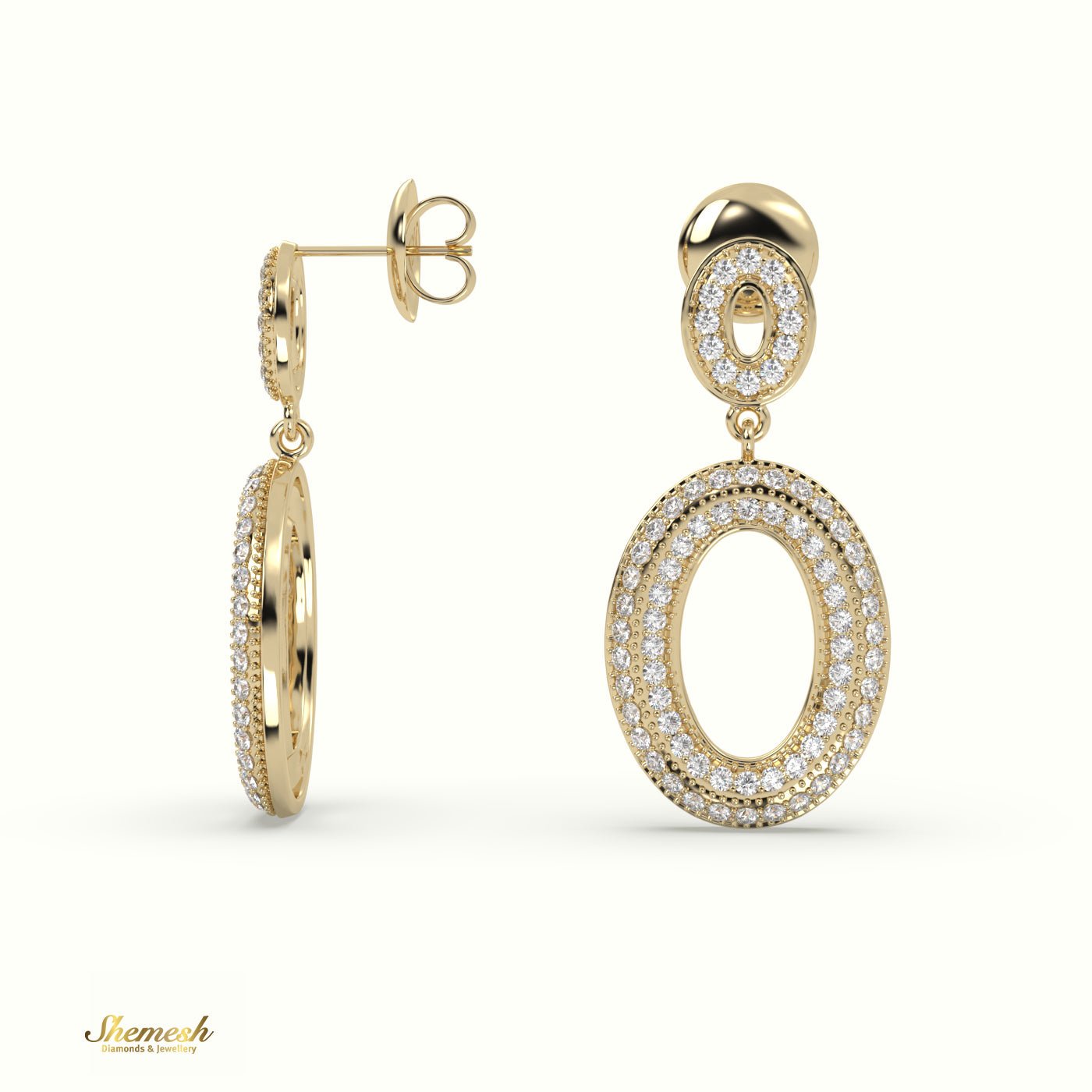 18K Gold Round Cut Diamond Designer Dangle Earrings - shemesh_diamonds