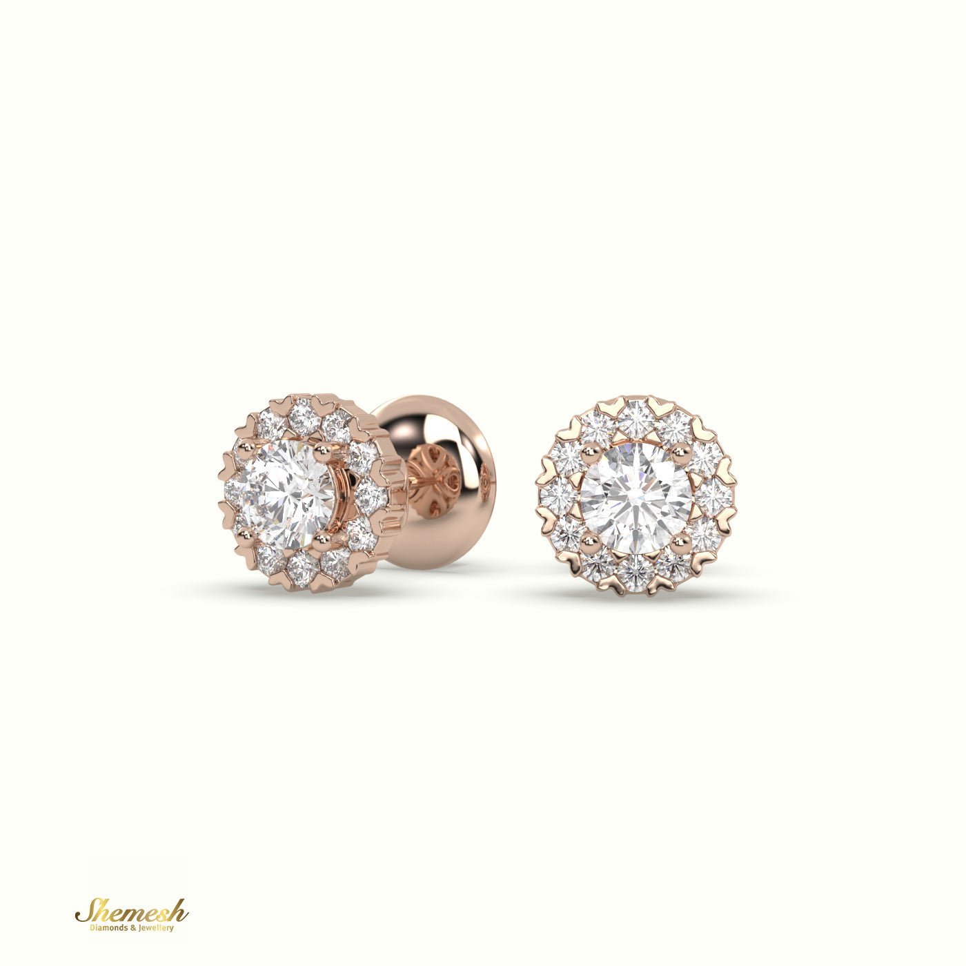 18K Gold Heart Prongs Round Diamond Halo Stud Earrings - shemesh_diamonds