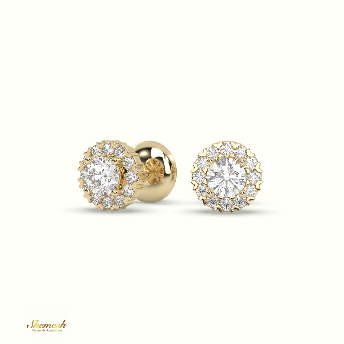 18K Gold Heart Prongs Round Diamond Halo Stud Earrings - shemesh_diamonds