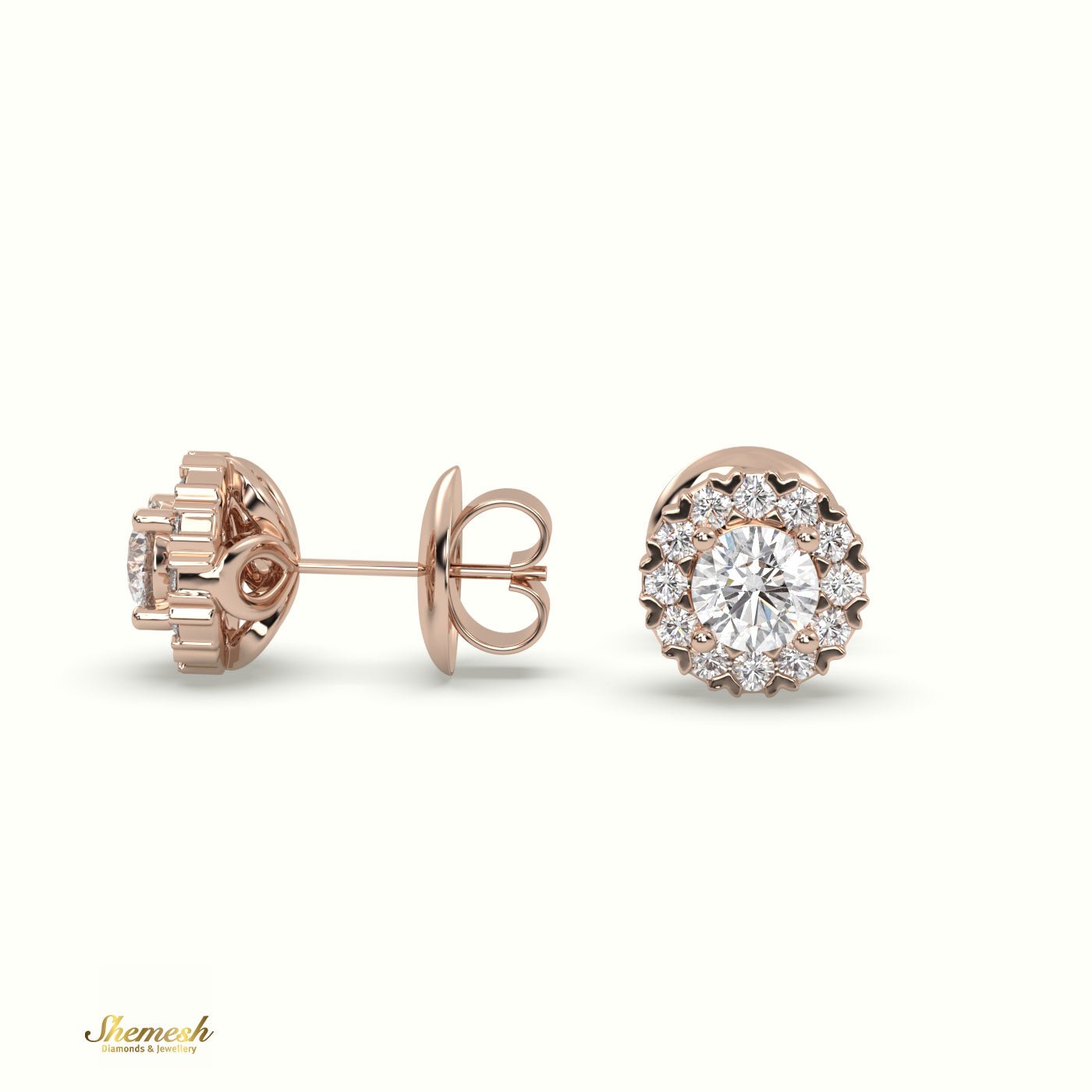 18K Gold Heart Prongs Round Diamond Halo Stud Earrings - shemesh_diamonds