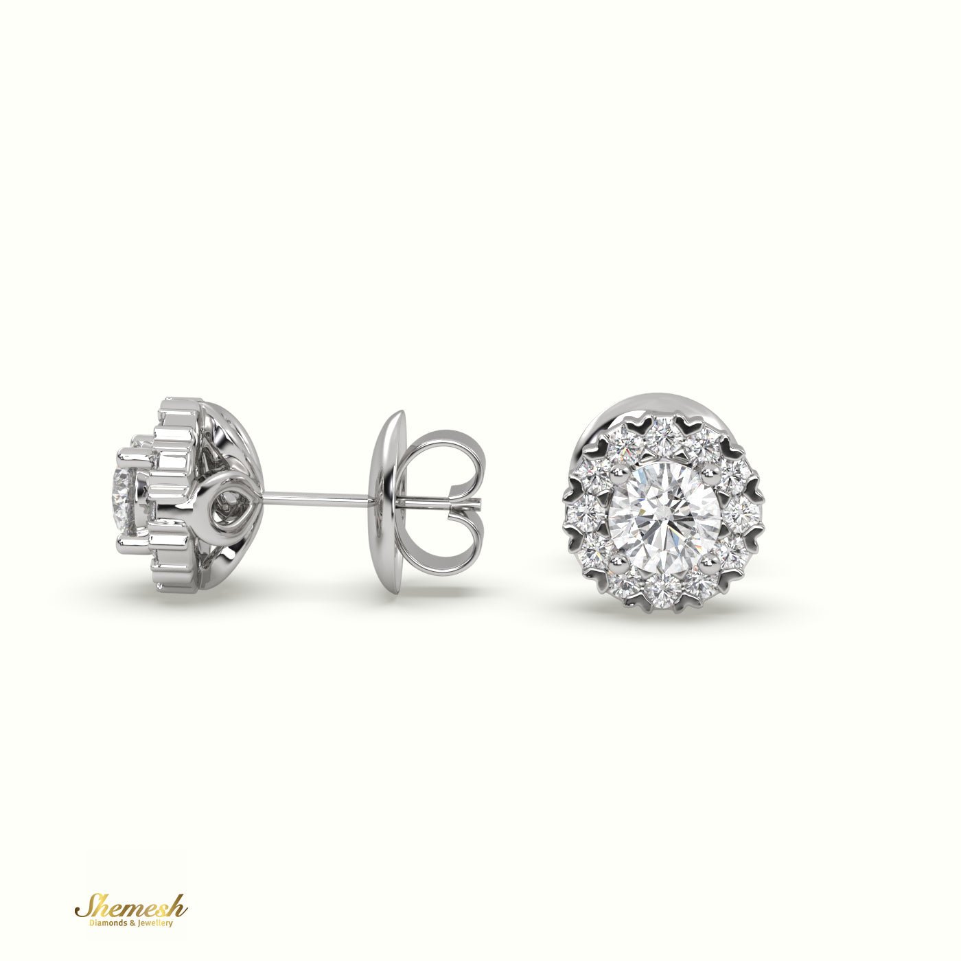 18K Gold Heart Prongs Round Diamond Halo Stud Earrings - shemesh_diamonds