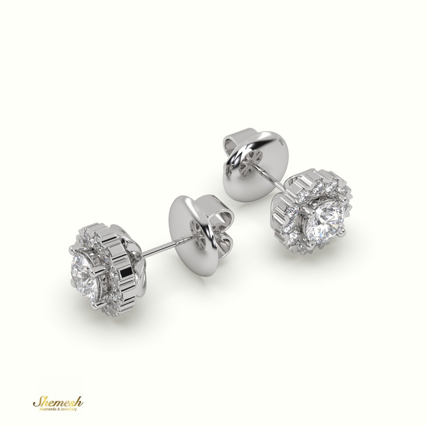 18K Gold Heart Prongs Round Diamond Halo Stud Earrings - shemesh_diamonds