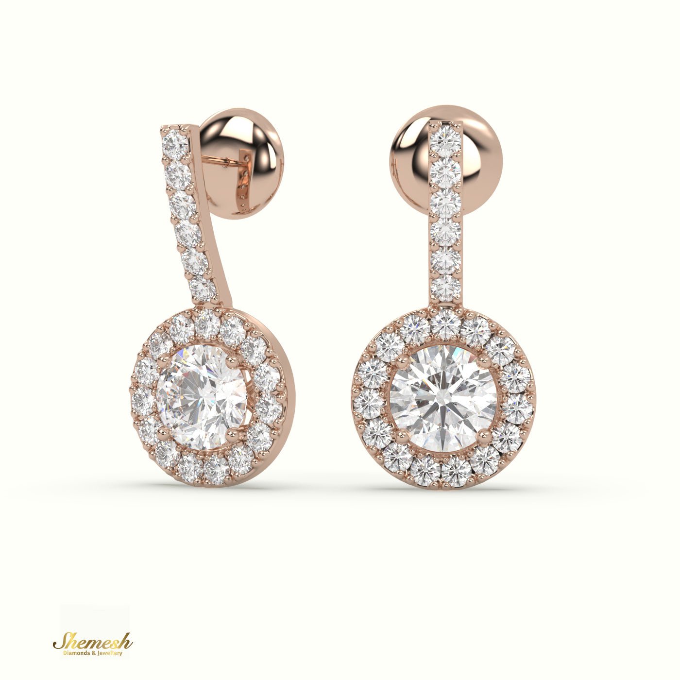 18K Gold Round Diamond Halo Style Drop Earrings with Round Diamond Upstones - shemesh_diamonds