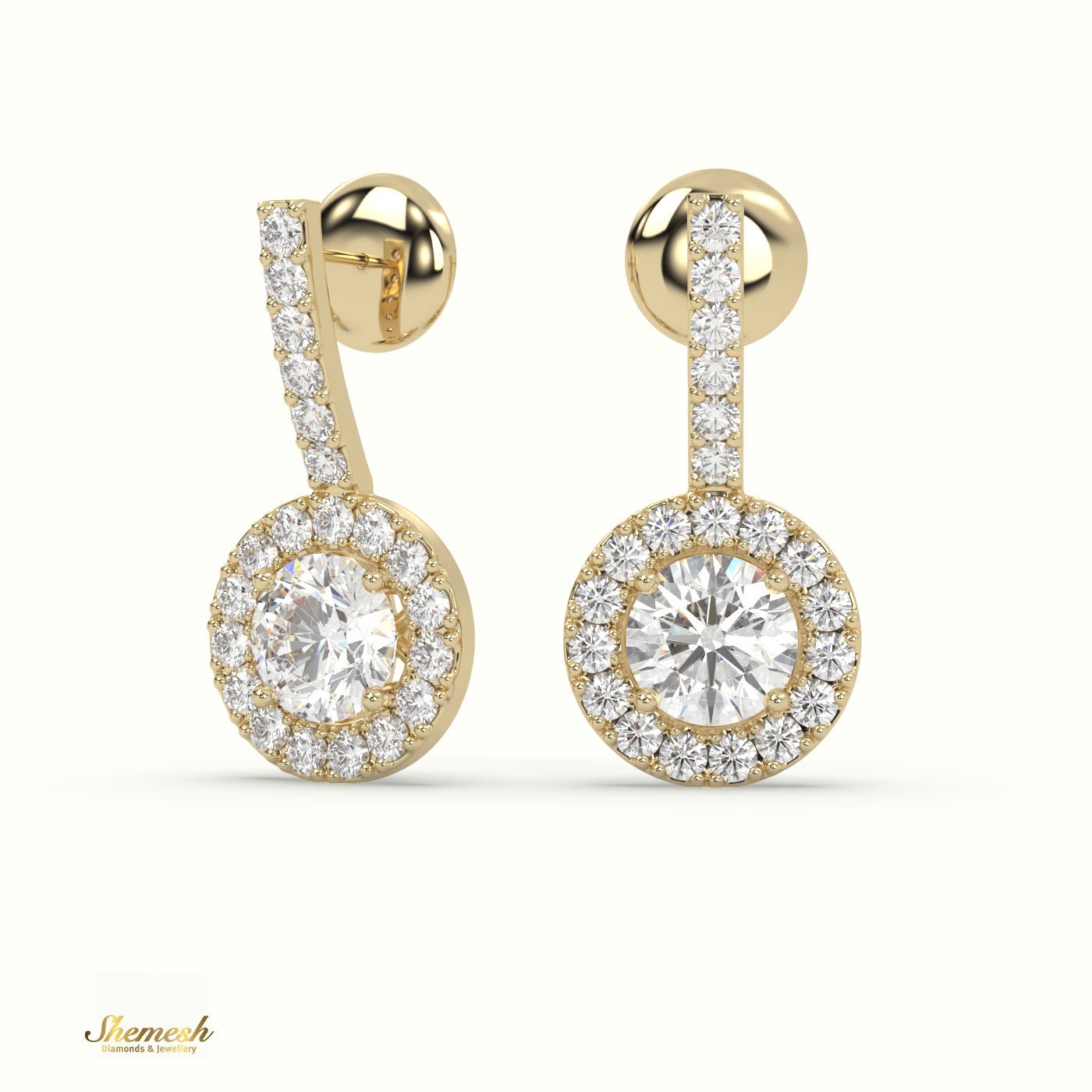 18K Gold Round Diamond Halo Style Drop Earrings with Round Diamond Upstones - shemesh_diamonds