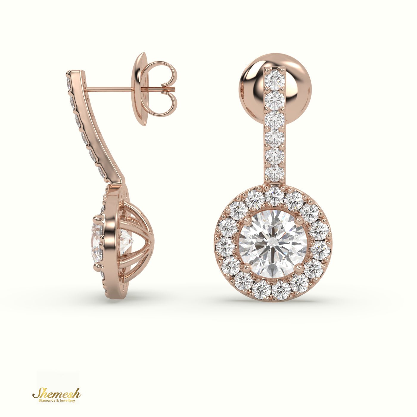 18K Gold Round Diamond Halo Style Drop Earrings with Round Diamond Upstones - shemesh_diamonds