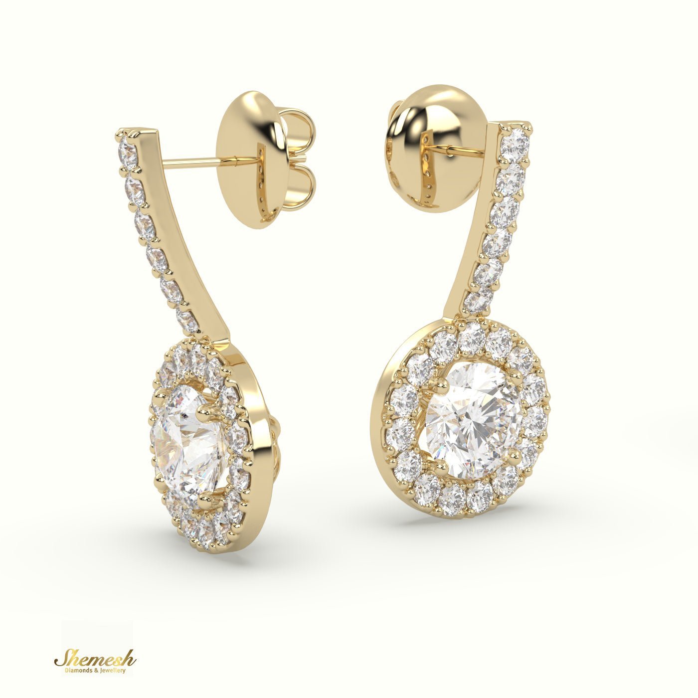 18K Gold Round Diamond Halo Style Drop Earrings with Round Diamond Upstones - shemesh_diamonds