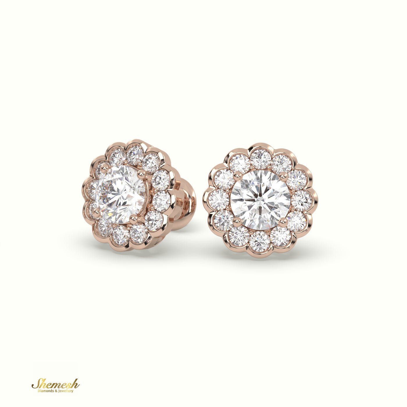 18K Gold Round Diamond Floral Halo Stud Earrings - shemesh_diamonds