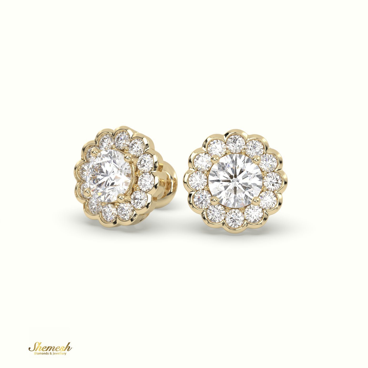 18K Gold Round Diamond Floral Halo Stud Earrings - shemesh_diamonds