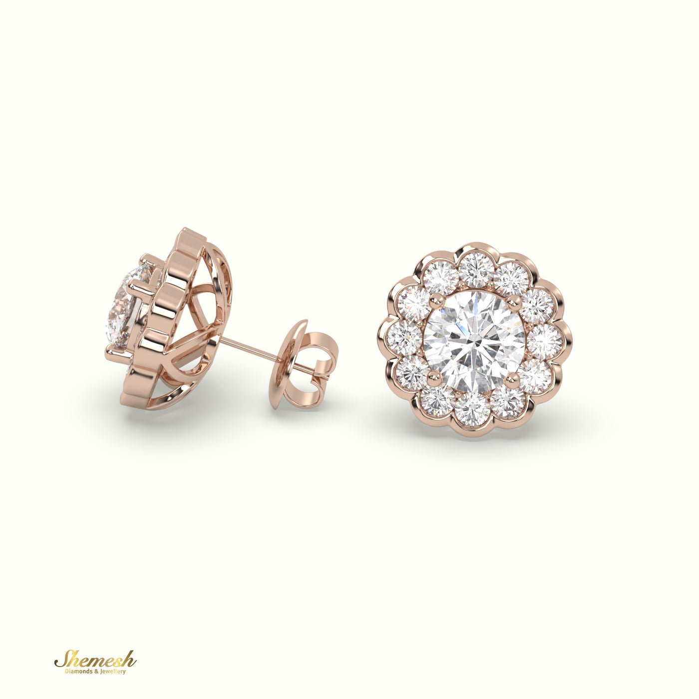 18K Gold Round Diamond Floral Halo Stud Earrings - shemesh_diamonds