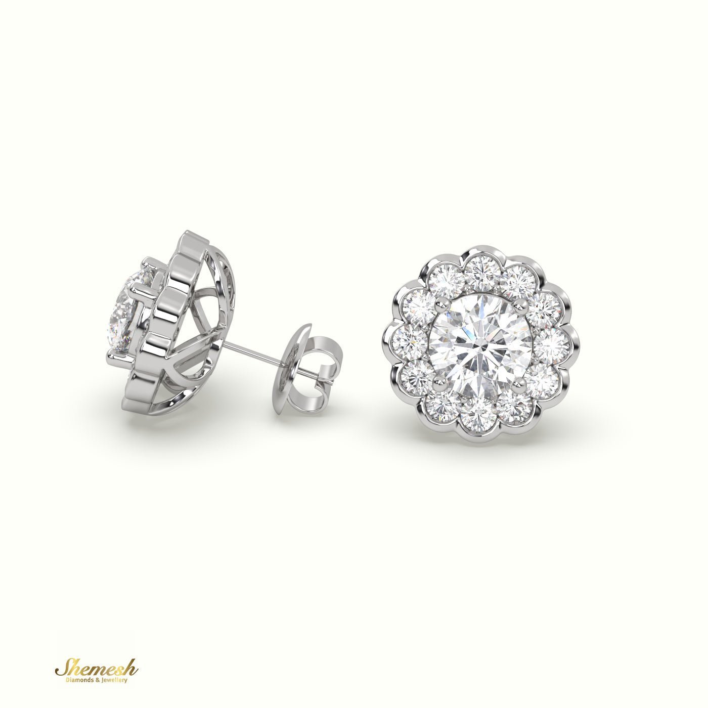 18K Gold Round Diamond Floral Halo Stud Earrings - shemesh_diamonds