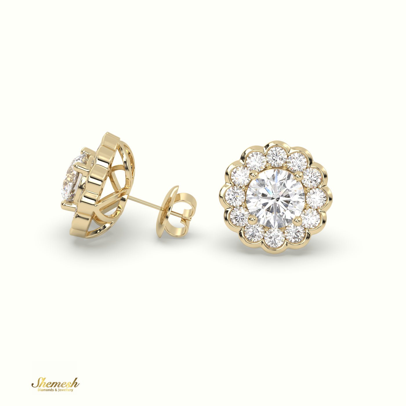 18K Gold Round Diamond Floral Halo Stud Earrings - shemesh_diamonds