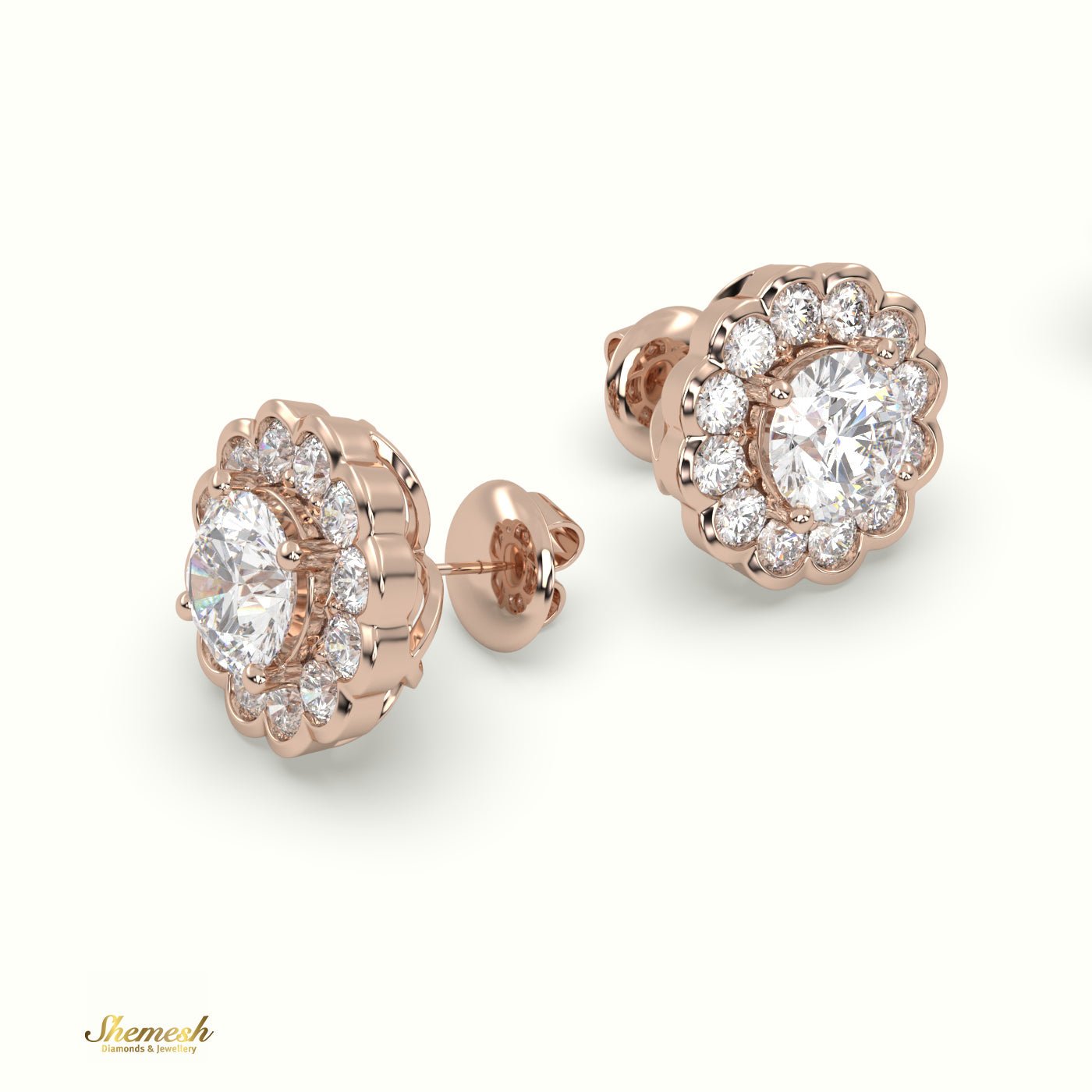 18K Gold Round Diamond Floral Halo Stud Earrings - shemesh_diamonds