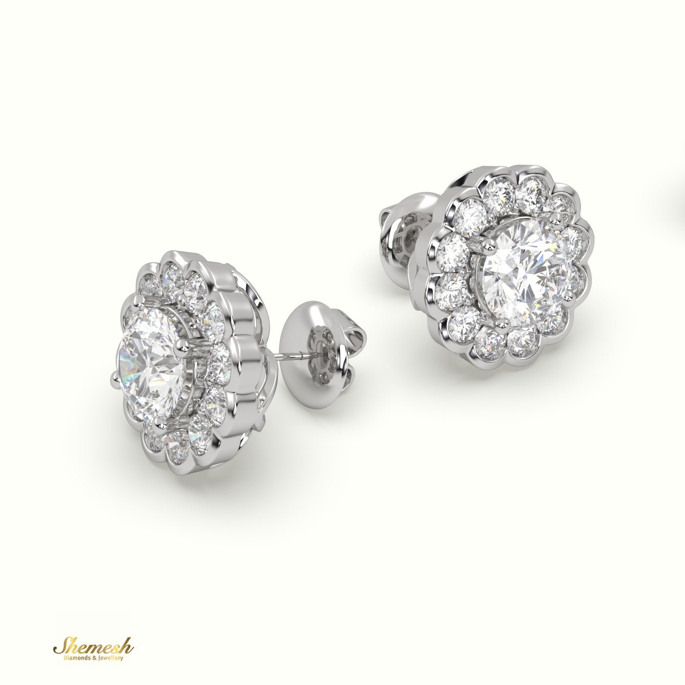 18K Gold Round Diamond Floral Halo Stud Earrings - shemesh_diamonds