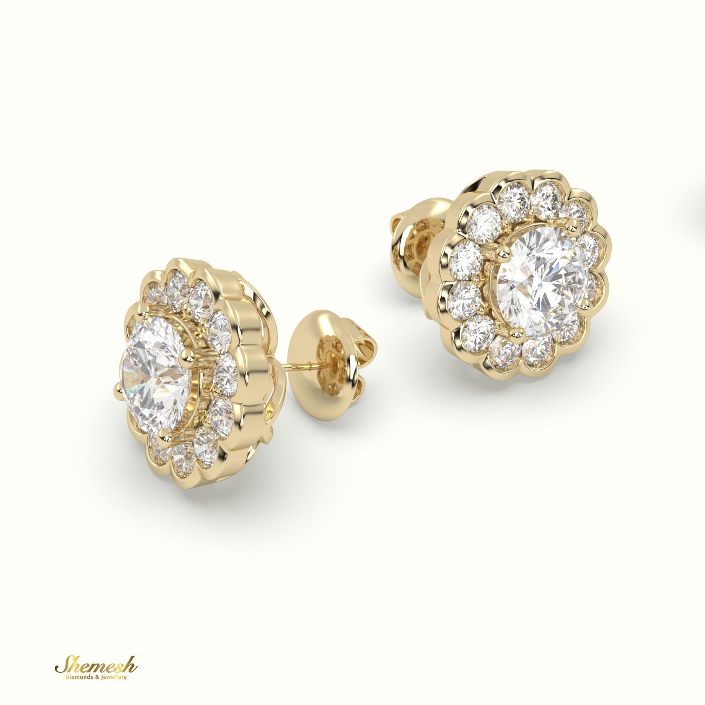 18K Gold Round Diamond Floral Halo Stud Earrings - shemesh_diamonds